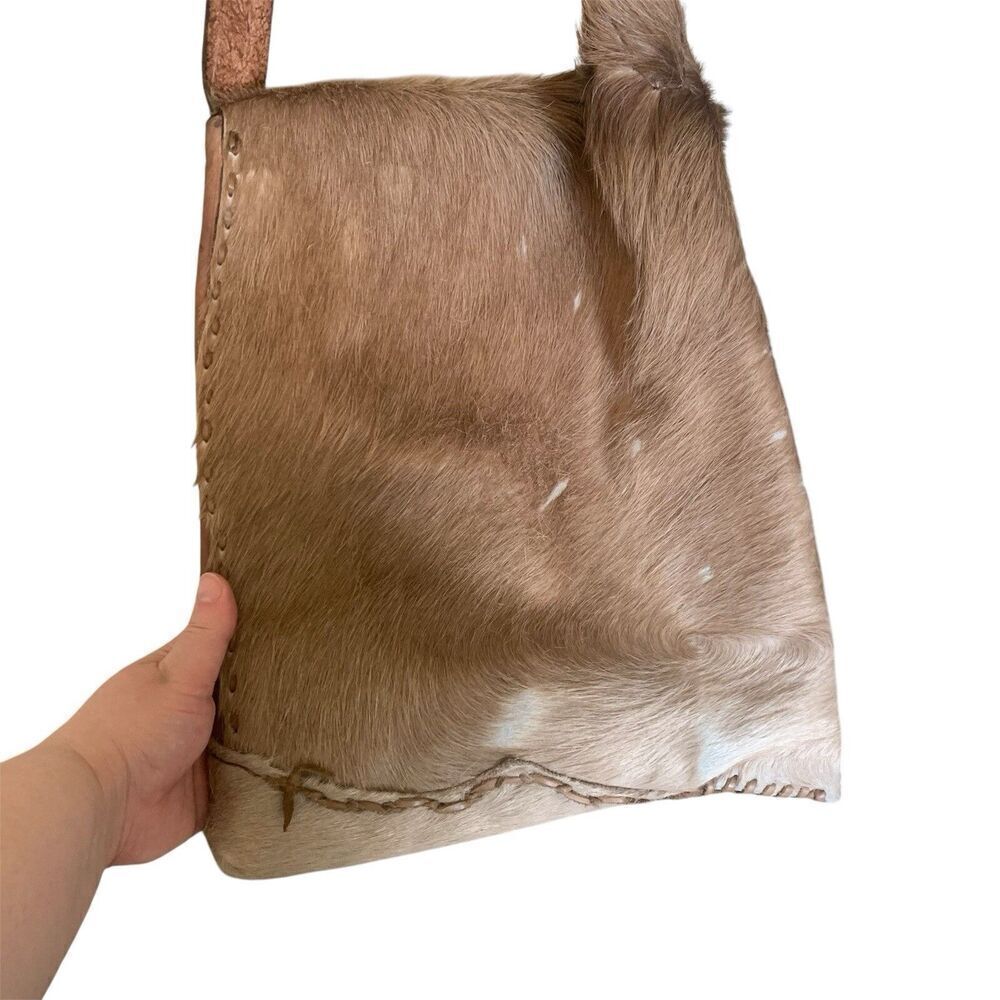 Full Grain Leather Mixed Animal Fur Shoulder Bag Tote Mexico Handmade Brown Boho - Picture 3 of 16